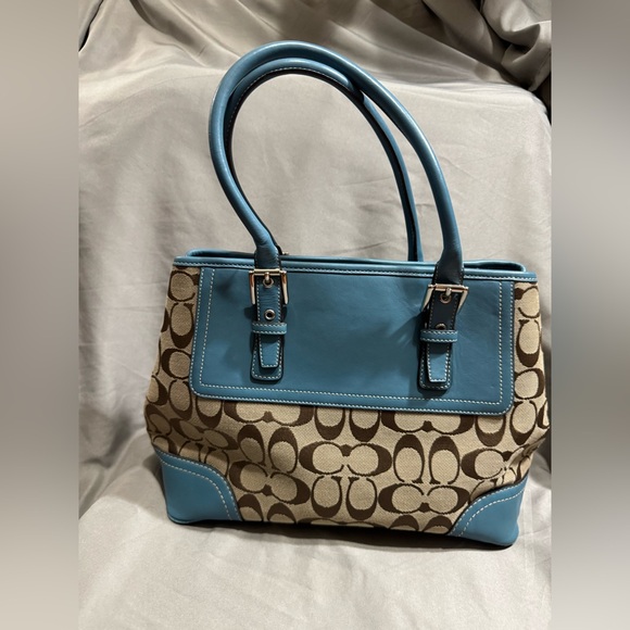 Coach Signature Canvas Tote with Blue Leather Trim - Picture 2 of 10